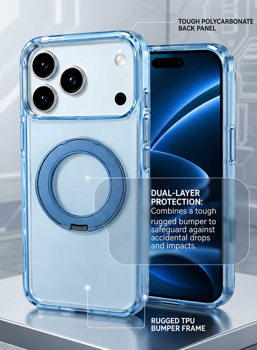 Glassology MagSafe Crystal Clear 360° Protection Case for iPhone 18 Pro Max, Glacier Blue Ring, Shock-Absorbing Corners & Slim Transparent Design