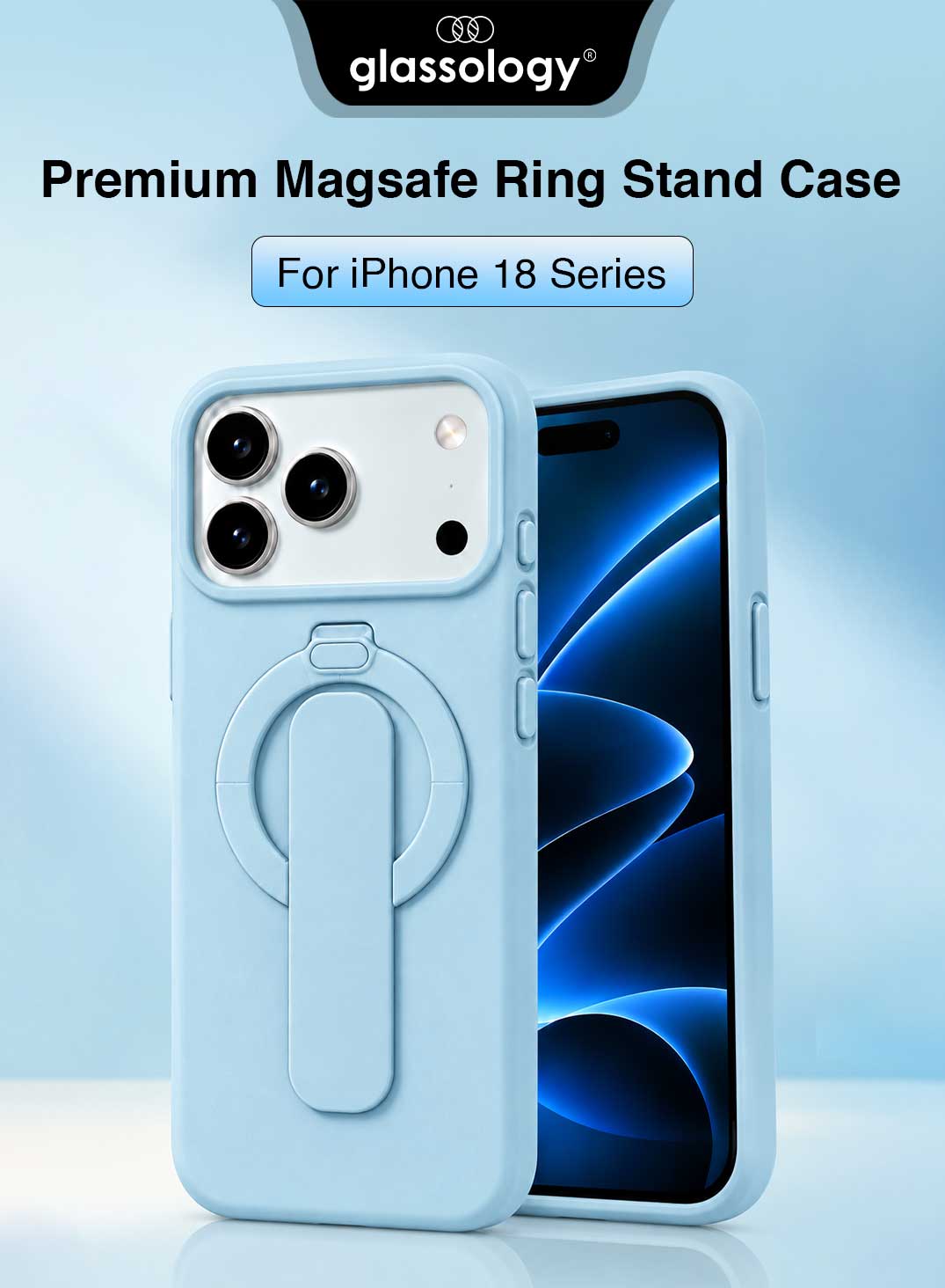 Glassology MagSafe Ring Stand Case for iPhone 18 Pro Max – Glacier Blue, Shockproof Protective Cover with 360° Rotating Stand