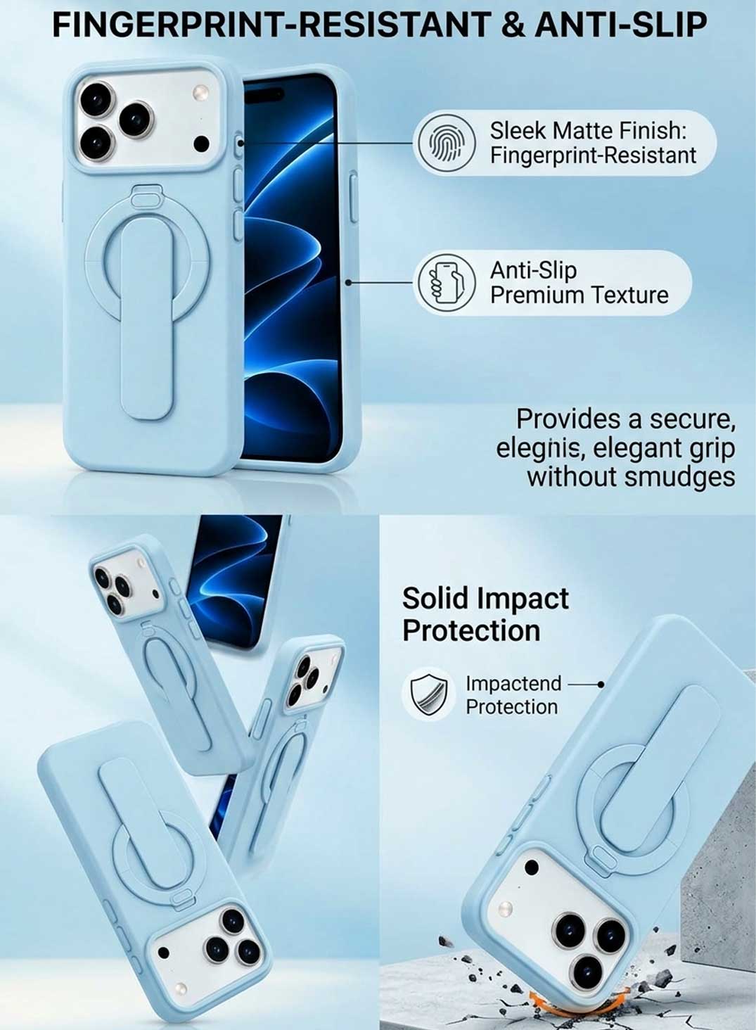 Glassology MagSafe Ring Stand Case for iPhone 18 Pro Max – Glacier Blue, Shockproof Protective Cover with 360° Rotating Stand
