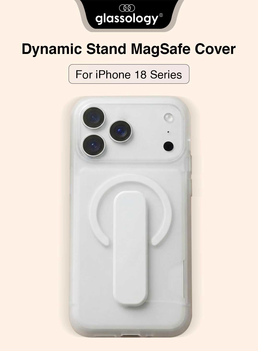 Glassology Dynamic Stand MagSafe Case for iPhone 18 Series, White Translucent Cover with Magnetic Ring, Foldable Stand and Camera Protection