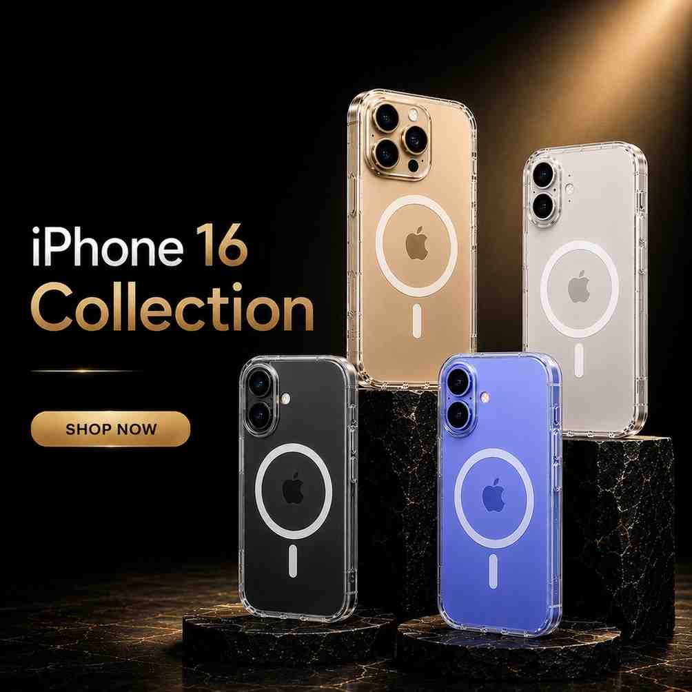 Collection of iPhone 16 phone cases on a dark background with 'Shop Now' button.