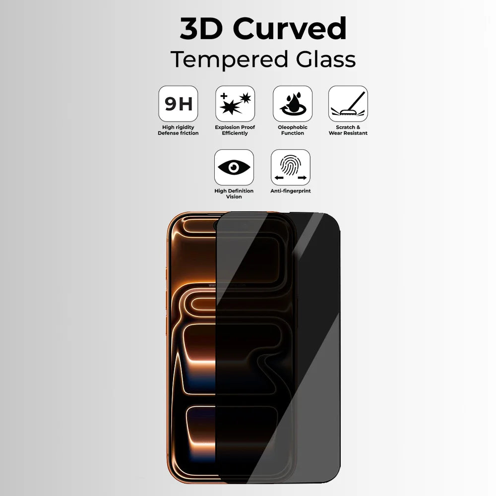 3D curved tempered glass screen protector on a smartphone with feature icons on a gray background