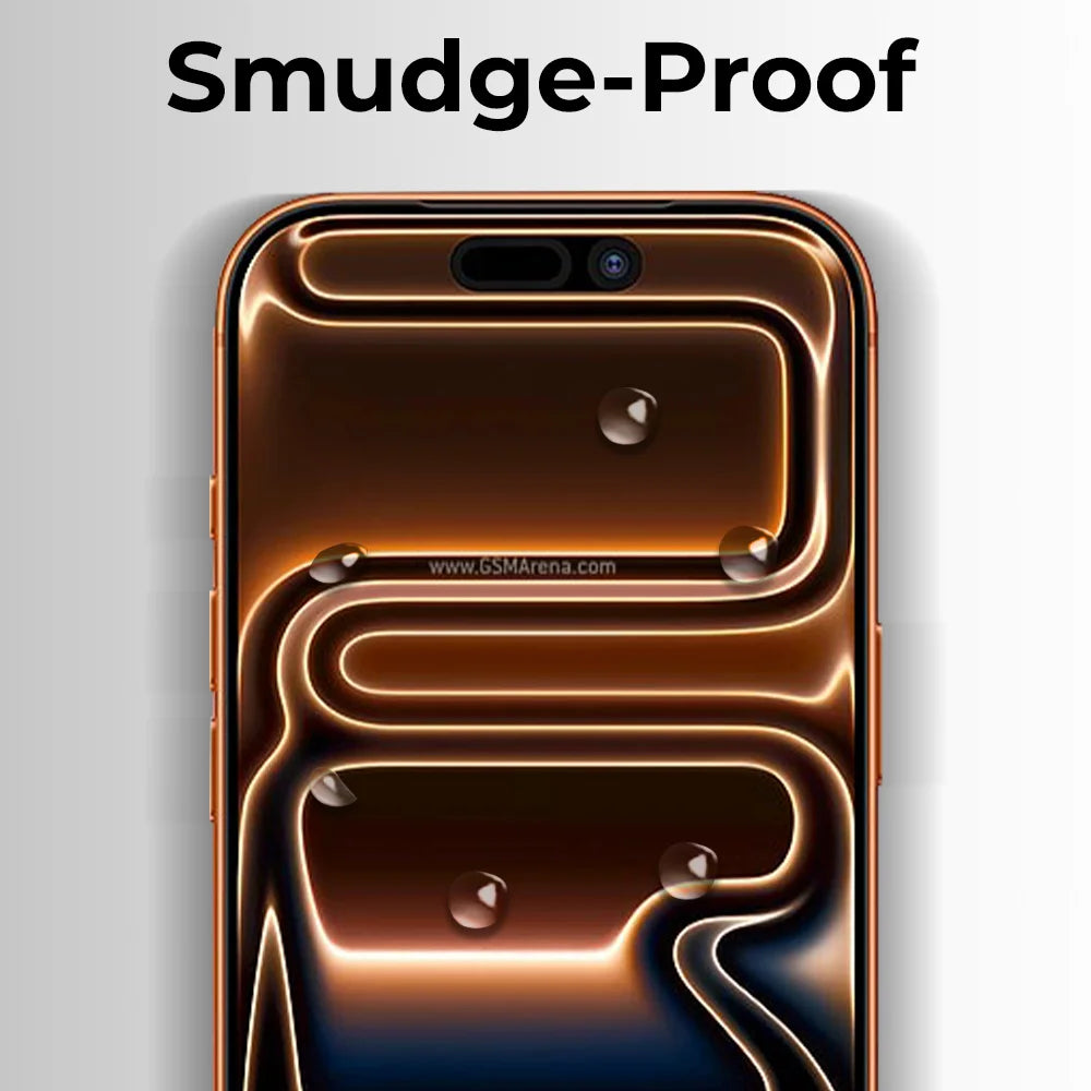Smartphone with 'Smudge-Proof' text on a gray background