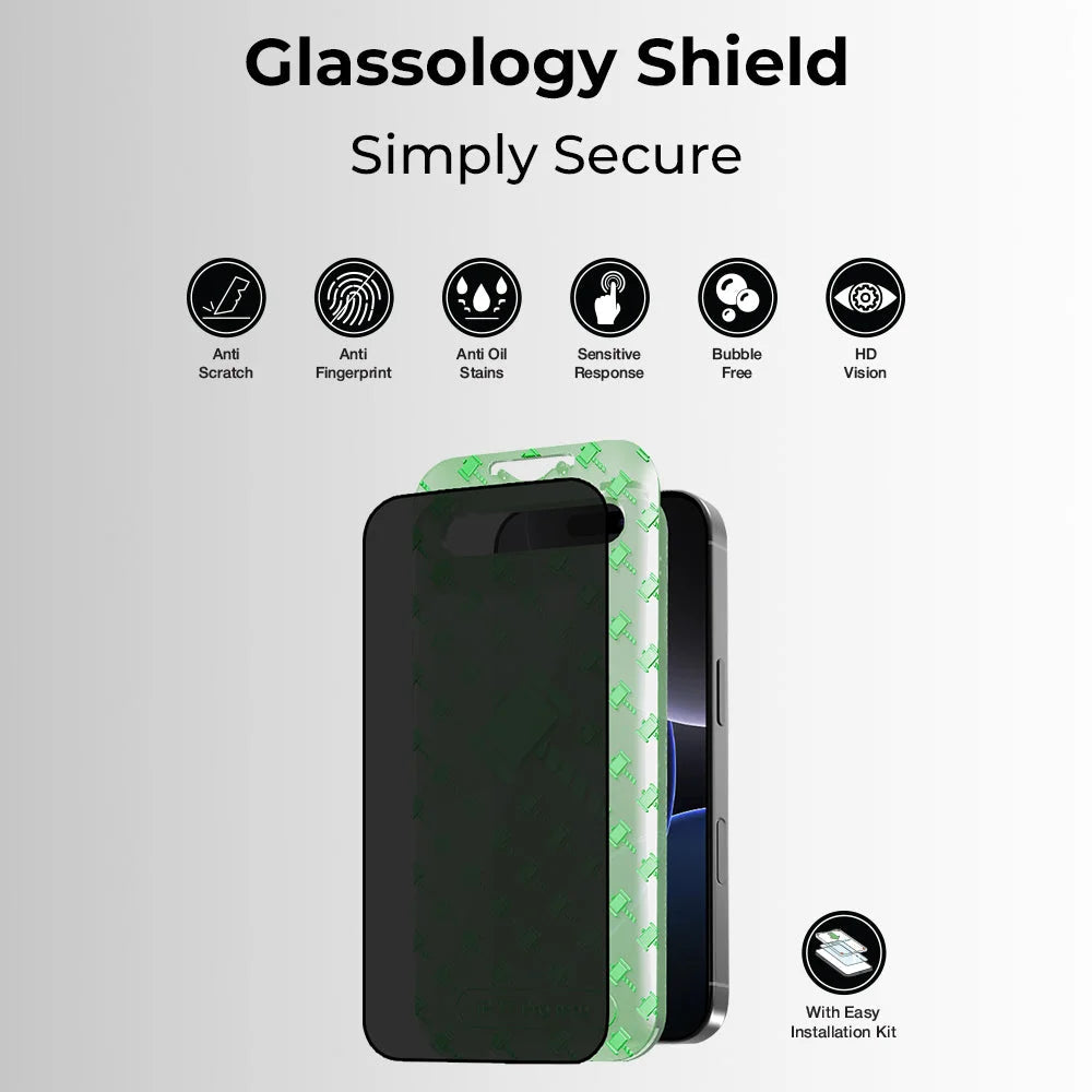 Glassology Shield phone case with features listed on a gray background