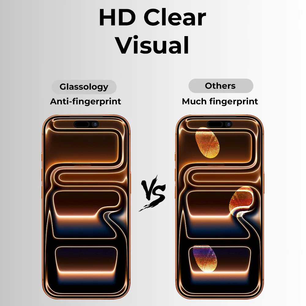 Comparison of Glassology anti-fingerprint technology with other methods on a smartphone screen.