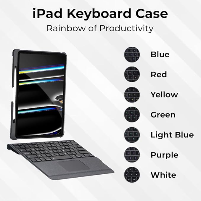 iPad keyboard case with color options displayed on a white background