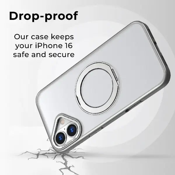 iPhone 16 MagSafe Back Cover with 360° Ring Stand (Grey) - GLASSOLOGY