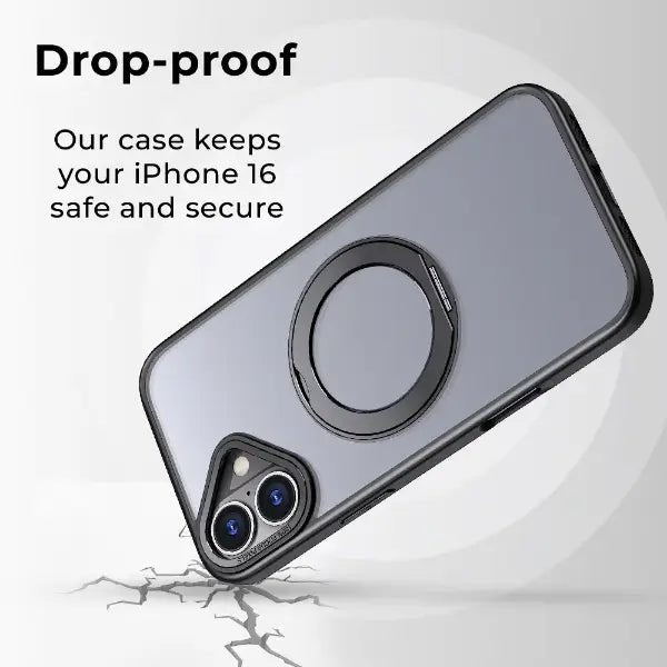 iPhone 16 MagSafe Back Cover with 360° Rotate Ring Stand (Black) - GLASSOLOGY