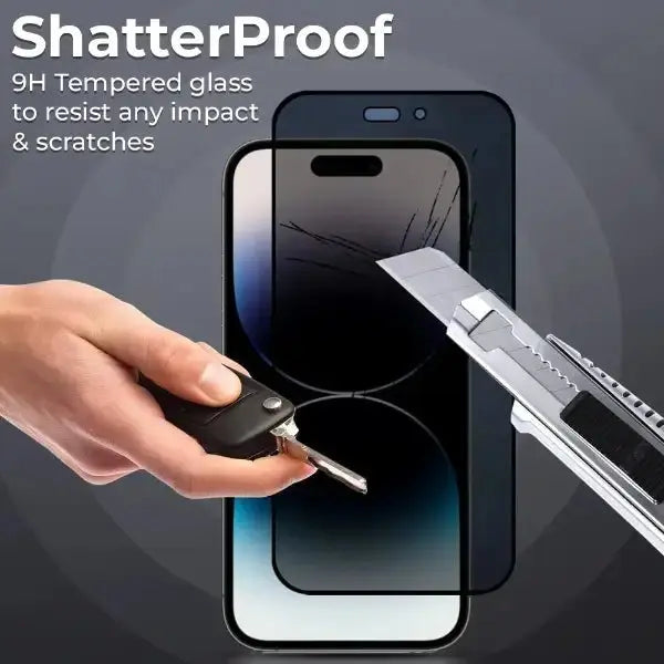 Shatterproof tempered glass screen protector for a smartphone with a knife test.