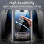 Smartphone with screen protector demonstrating high sensitivity and features on a dark background