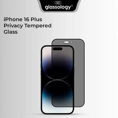 Privacy tempered glass for iPhone 16 Plus with Glassology branding on a light gray background