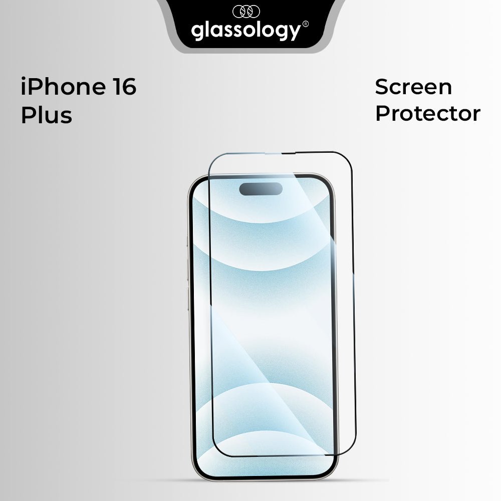 Glassology screen protector for iPhone 16 Plus on a gray background