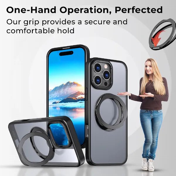 iPhone 16 Pro MagSafe Case Cover with 360° Rotate Ring Stand - Black - GLASSOLOGY