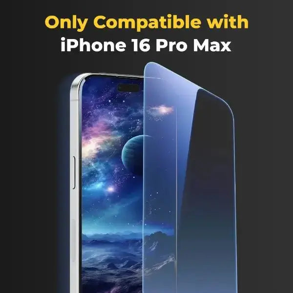 Smartphone with a screen protector labeled 'Only Compatible with iPhone 16 Pro Max' on a dark background