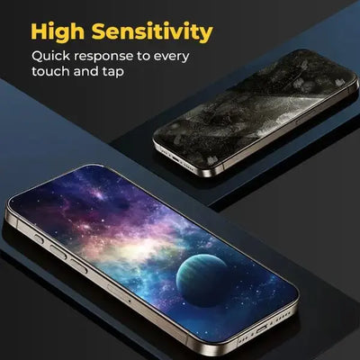 Smartphone with space-themed display on a dark background, emphasizing high sensitivity and quick response.