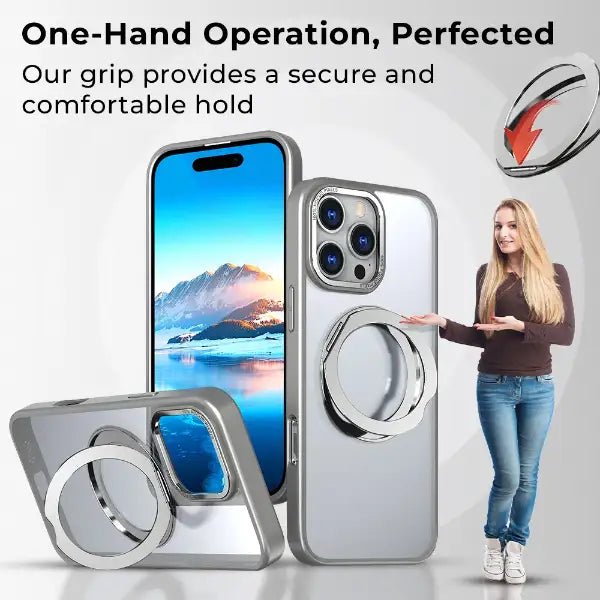 iPhone 16 Pro Max MagSafe Case with 360° Rotate Ring Stand (Grey) - GLASSOLOGY