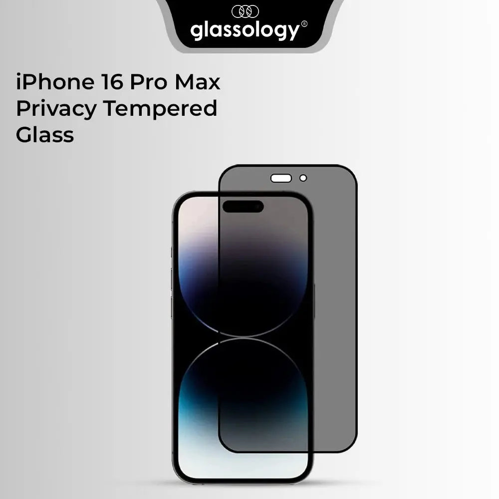 Privacy tempered glass screen protector for iPhone 16 Pro Max by glassology on a gray background