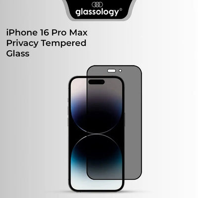 Privacy tempered glass screen protector for iPhone 16 Pro Max by glassology on a gray background
