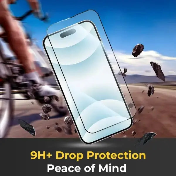 Smartphone with a screen protector on a desert background with falling rocks, emphasizing drop protection.
