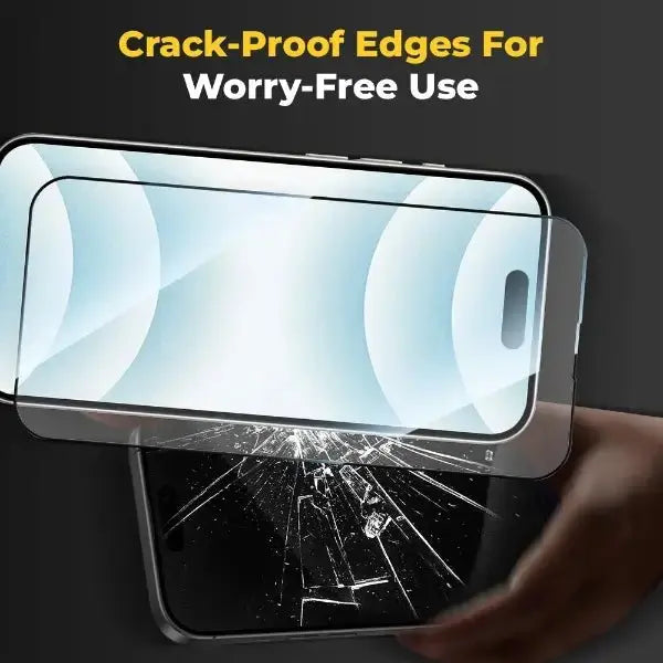 Phone screen protector with cracked glass below, emphasizing crack-proof edges.
