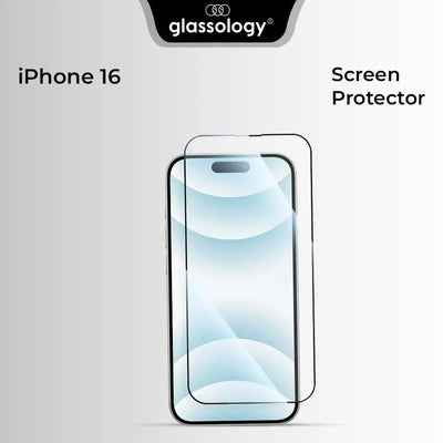 Glassology screen protector for iPhone 16 on a gray background