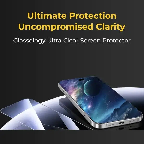 Glassology ultra clear screen protector advertisement with a smartphone and text on a dark background