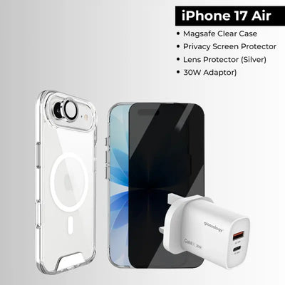 Phone case, screen protector, lens protector, and charger for iPhone 17 Air on a gray background