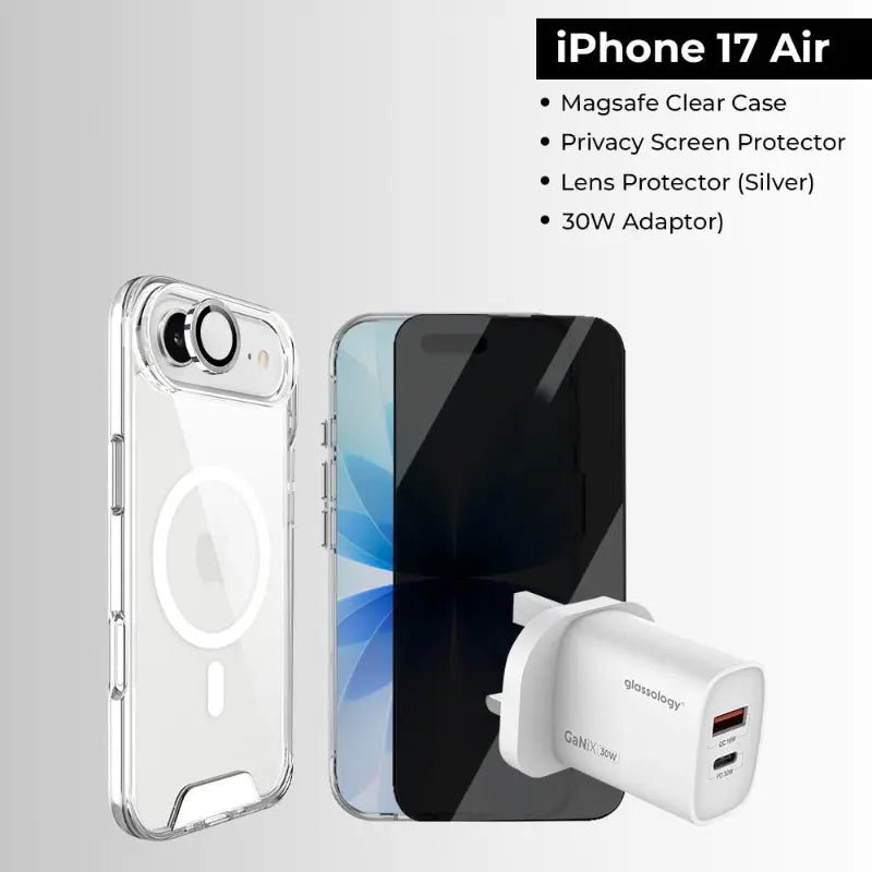 iPhone 17 Air Bundle [Magsafe Clear Case, Privacy Screen protector, 30 W Adapter) - GLASSOLOGY