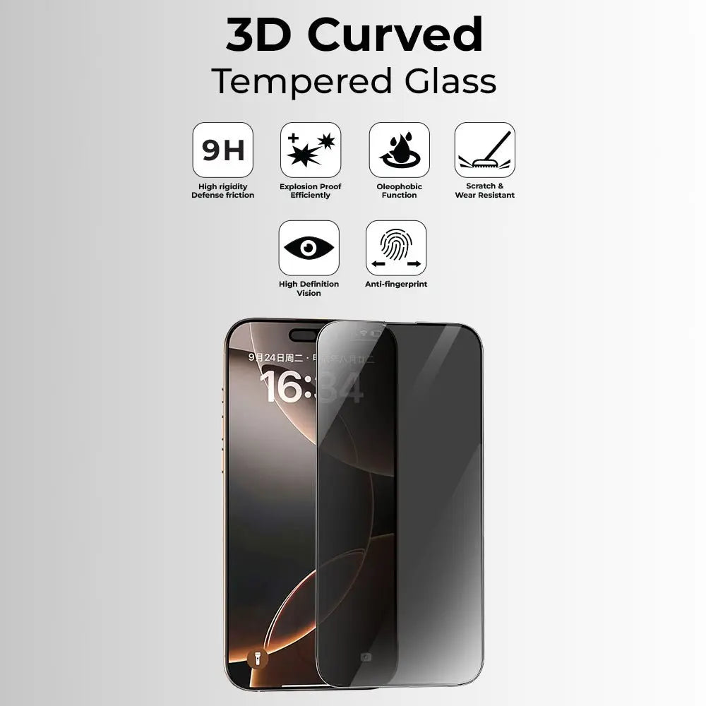 3D Curved Tempered Glass screen protector for a smartphone with features listed on a gray background.