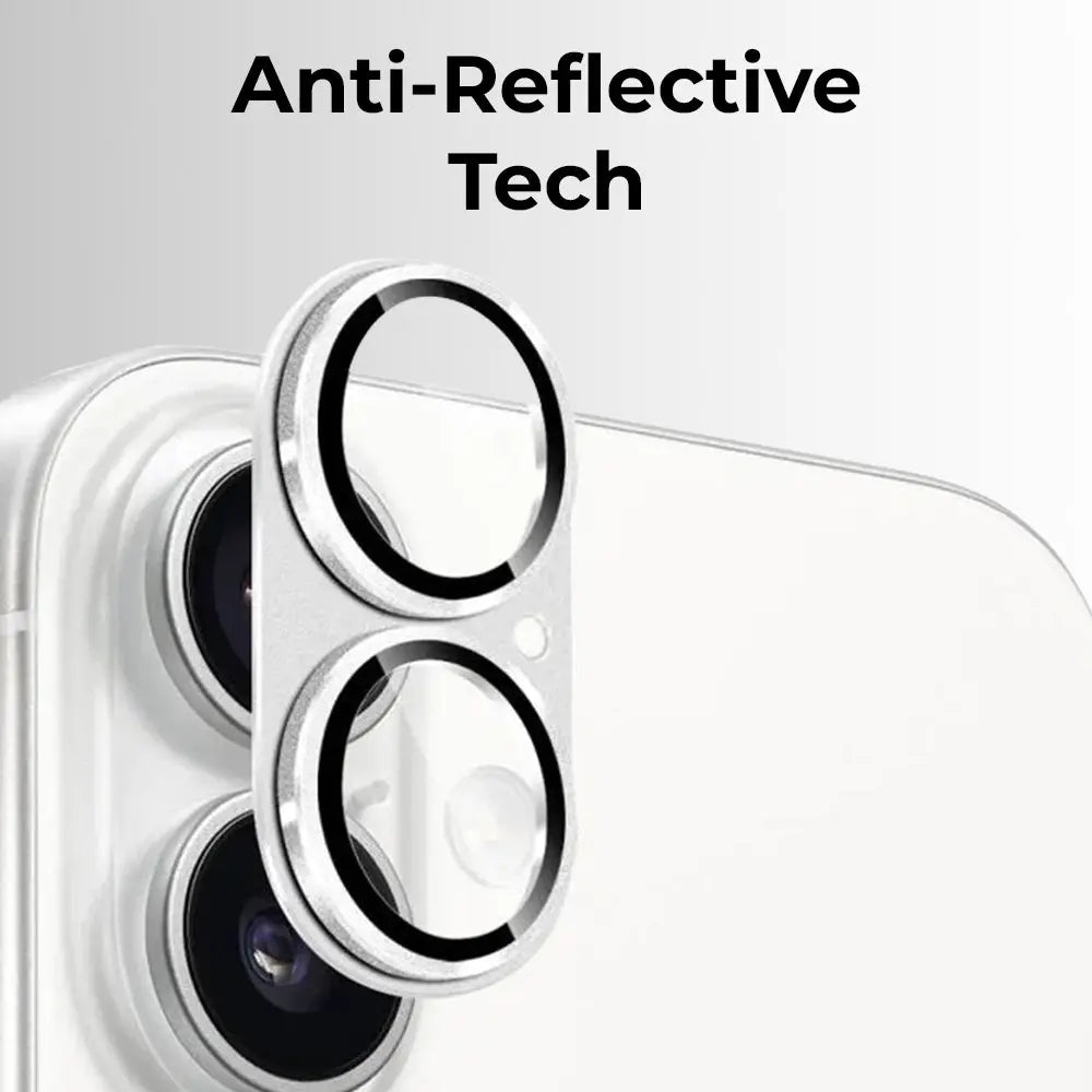 Anti-reflective film on a smartphone camera lens with text 'Anti-Reflective Tech'.