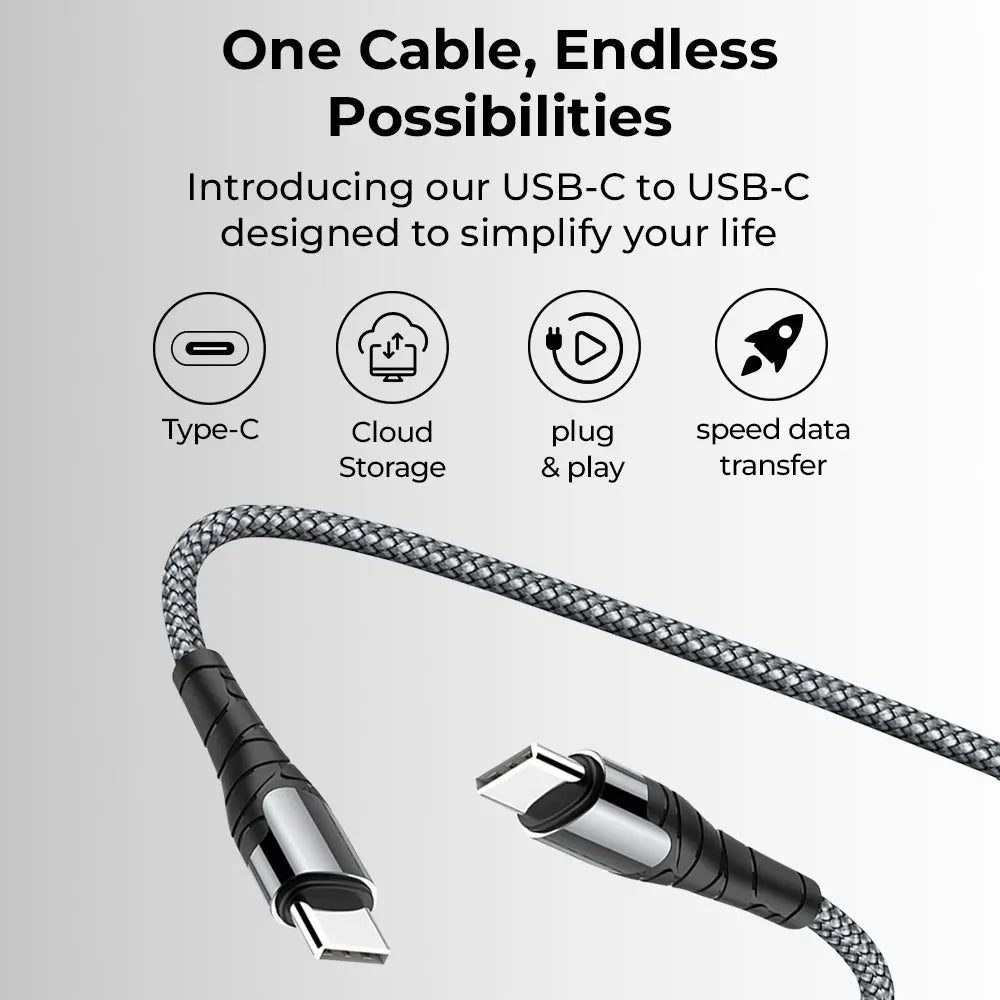 USB-C to USB-C cable with text 'One Cable, Endless Possibilities' on a light gray background