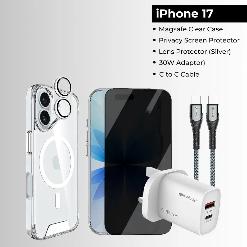 Phone accessories including a clear case, screen protector, lens protector, charger, and cable on a gray background.