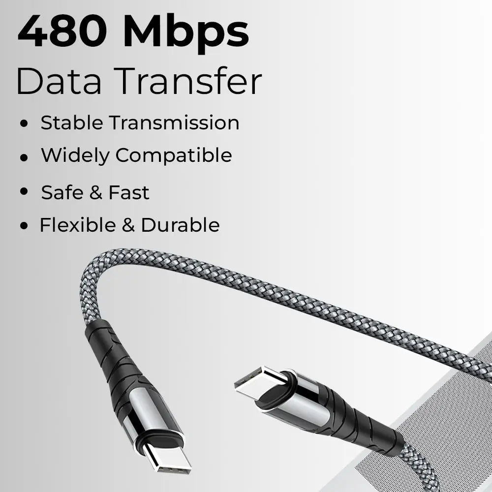 Data transfer cable with features listed on a light gray background