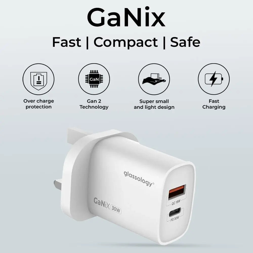 GaNix charger with features listed on a light gray background
