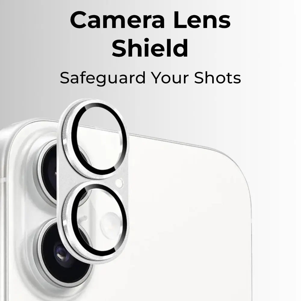 Camera lens shield with text 'Camera Lens Shield Safeguard Your Shots' on a white background
