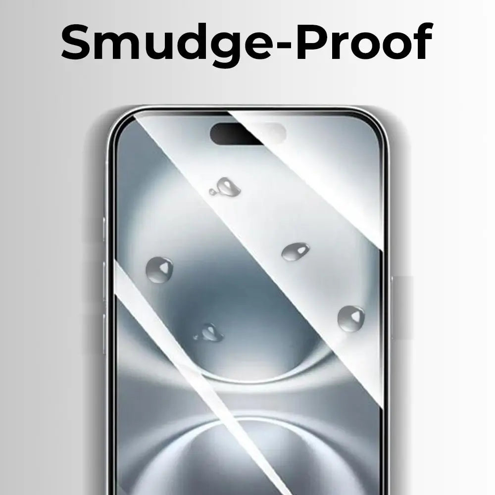 Smartphone with smudge-proof screen protector on a gray background