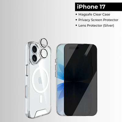 Phone case and screen protector for iPhone 17 with Magsafe feature on a gray background