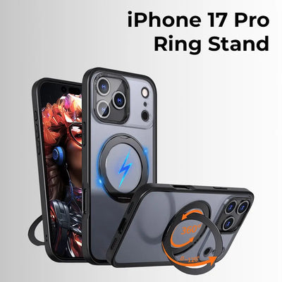 Phone case with ring stand feature for iPhone 17 Pro on a gray background