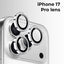 Close-up of iPhone 17 Pro camera lens with metallic ring on a white background