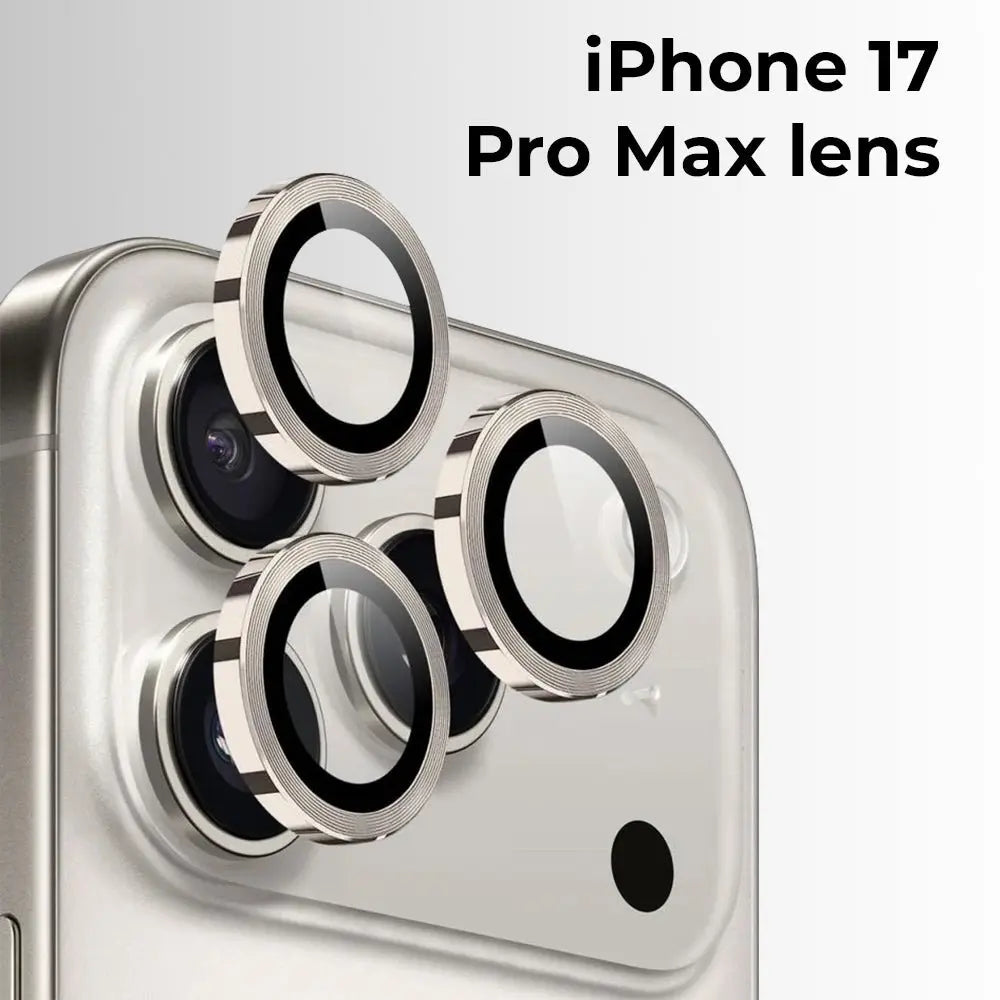 Close-up of an iPhone 17 Pro Max lens with protective cover on a white background