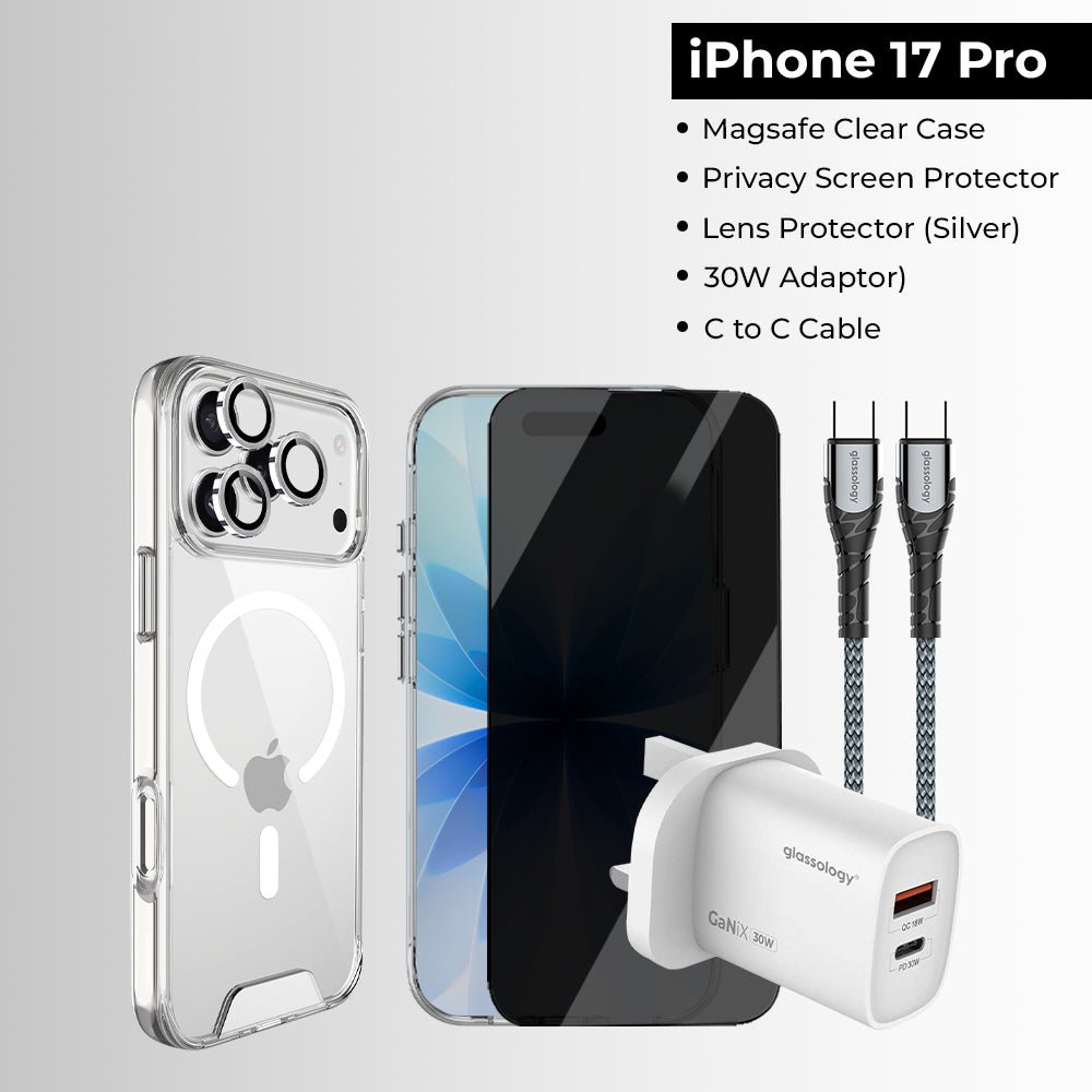 iPhone 17 Pro Bundle [Magsafe Clear Case, SP Privacy, Screen protector, C to C cable, 35 W adapter) - GLASSOLOGY