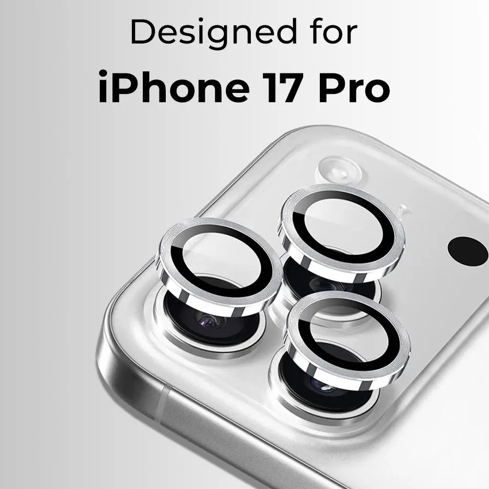 Phone case with camera lens protector for iPhone 17 Pro on a light gray background