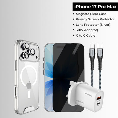 iPhone 17 Pro Bundle [Magsafe Clear Case, SP Privacy, Screen protector, C to C cable, 35 W adapter) - GLASSOLOGY
