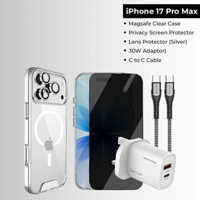 Phone case, screen protector, lens protector, charger, and cable displayed on a gray background with product names listed.