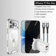 Phone case, screen protector, lens protector, charger, and cable displayed on a gray background with product names listed.