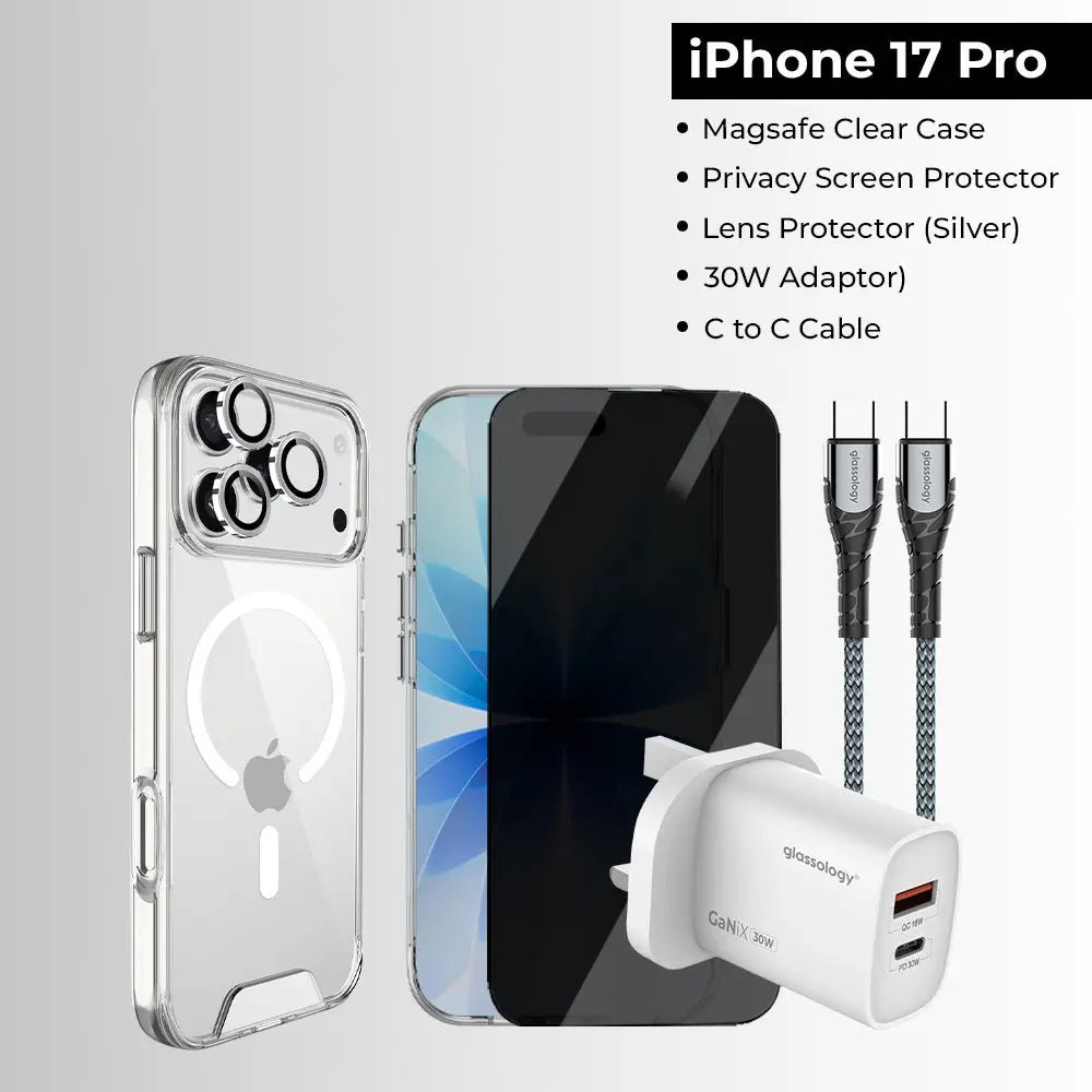 Phone accessories including a clear case, privacy screen protector, lens protector, charger, and cable on a gray background.