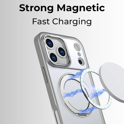 Phone case with magnetic feature and text 'Strong Magnetic Fast Charging' on a gray background