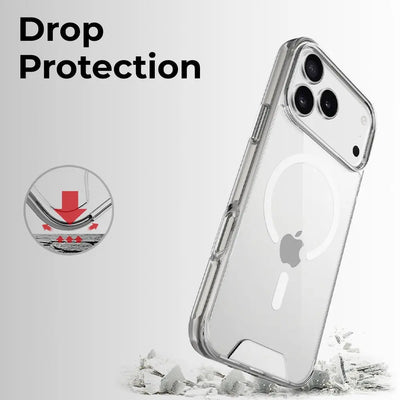 Clear phone case with 'Drop Protection' text and Apple logo on a light gray background