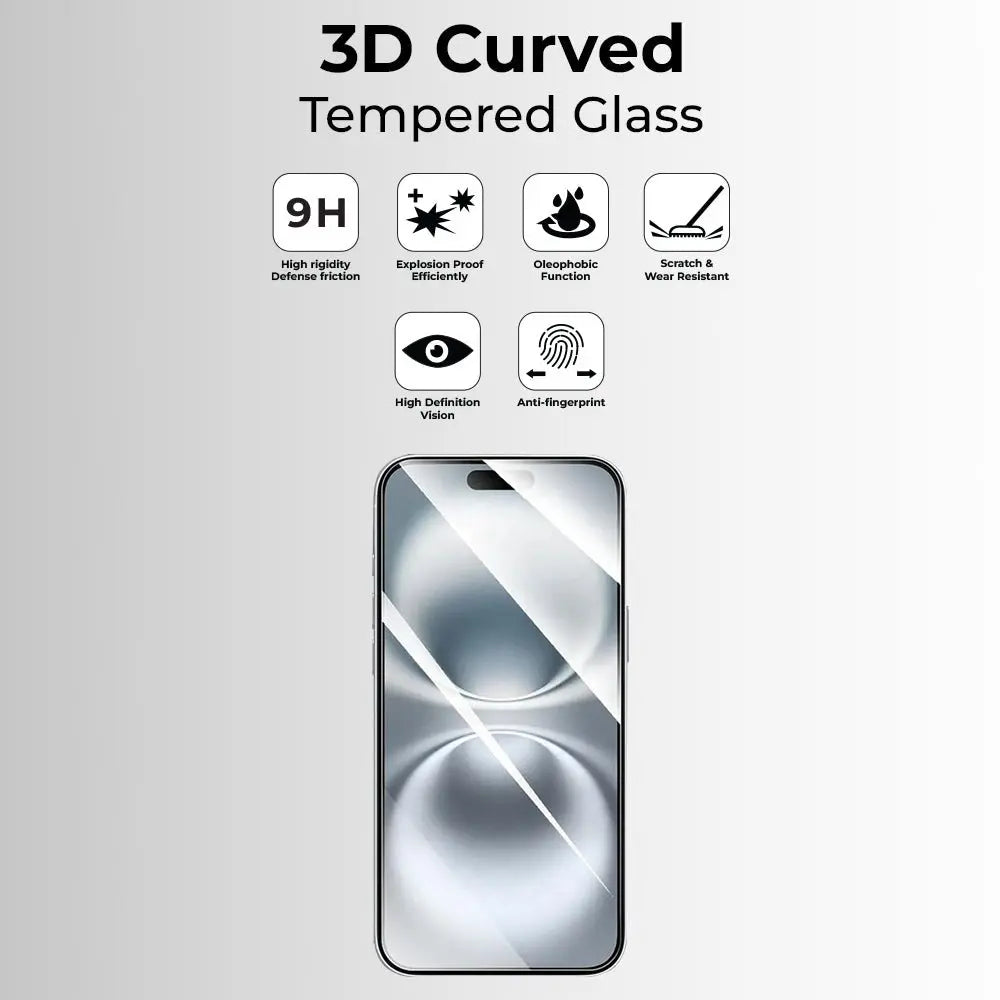 3D Curved Tempered Glass screen protector for a smartphone with features listed on a light gray background.
