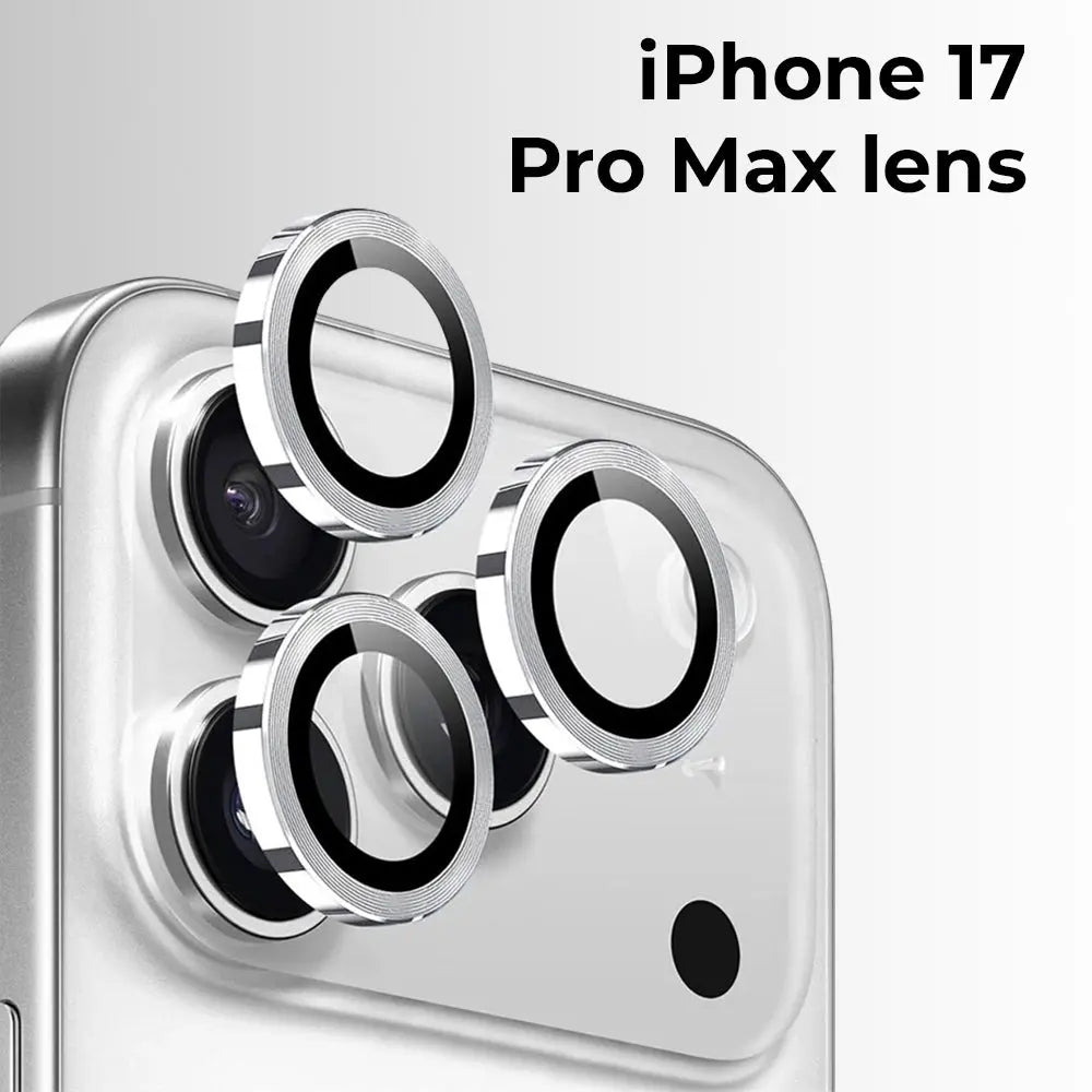 Close-up of iPhone 17 Pro Max camera lens with text overlay